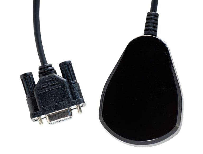 Black teardrop-shaped foot pedal with a serial connector.