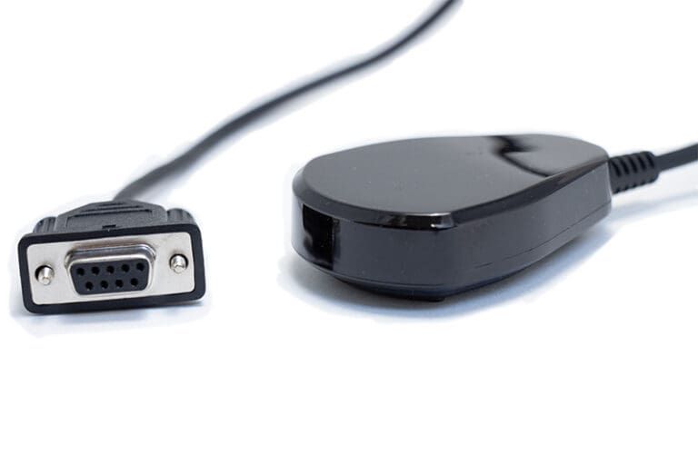 A black infrared receiver with a connected serial cable, against a white background.