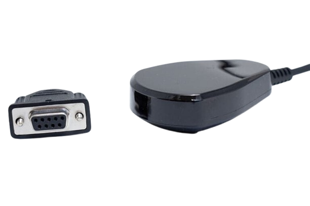 Black adapter with a 9-pin serial connector and a rounded end connected by a black cable.
