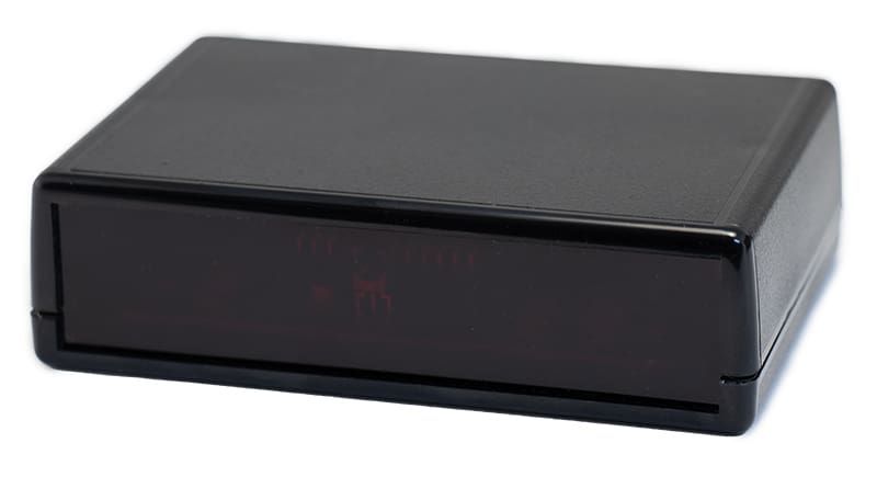 Black rectangular plastic electronics enclosure with dark tinted front.