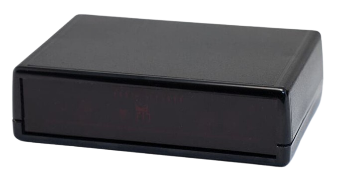 Black rectangular electronic device with a red LED display.