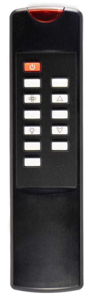 Black remote control with white and orange buttons.