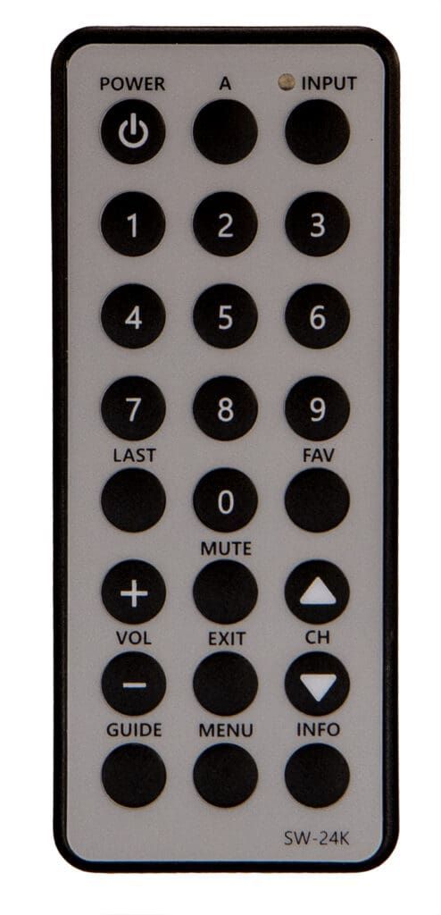 Remote control with buttons for power, numbers, input, volume, and channel.