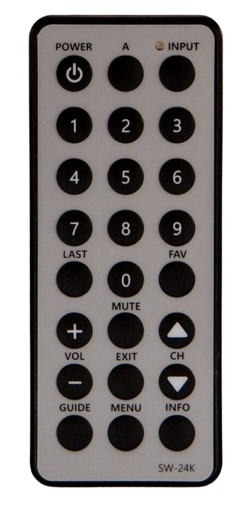 TV remote control with buttons for power, numbers, volume, channel, and menu functions.