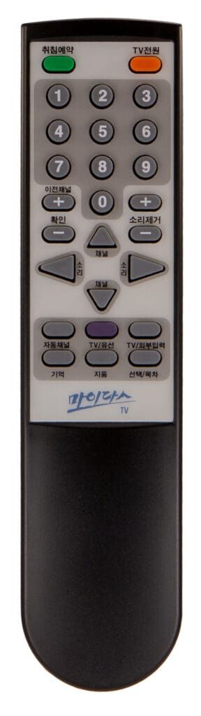 A black and silver television remote control with various buttons, including numbers, directionals, and function keys.