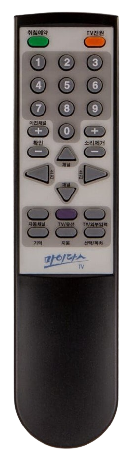 Black TV remote with grey buttons and a black base.