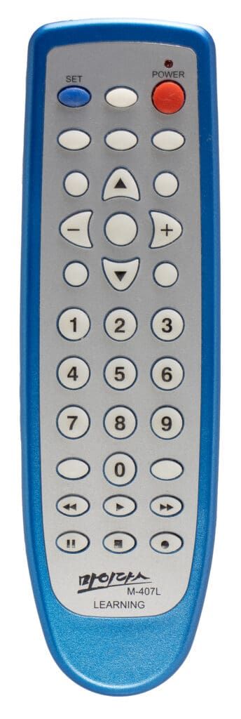 Blue and silver Dynavox remote control with power button and number pad.