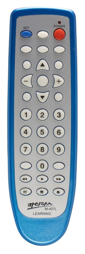 Blue and silver TV remote control with white buttons.