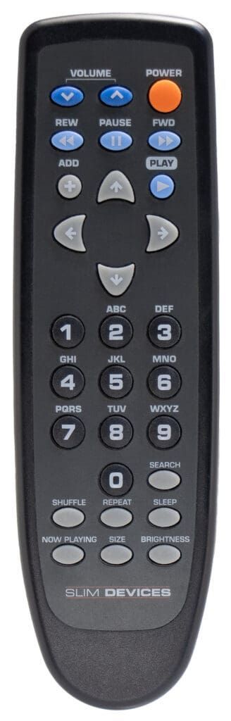 Black remote control with numbered buttons and function keys.