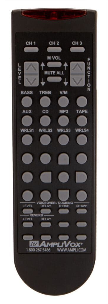 Black remote control with many buttons, likely for an audio device.