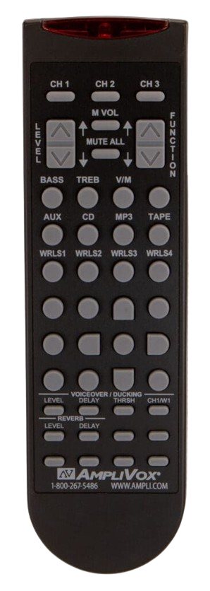 Black AmpliVox remote control with buttons for channels, volume, bass, and tape.