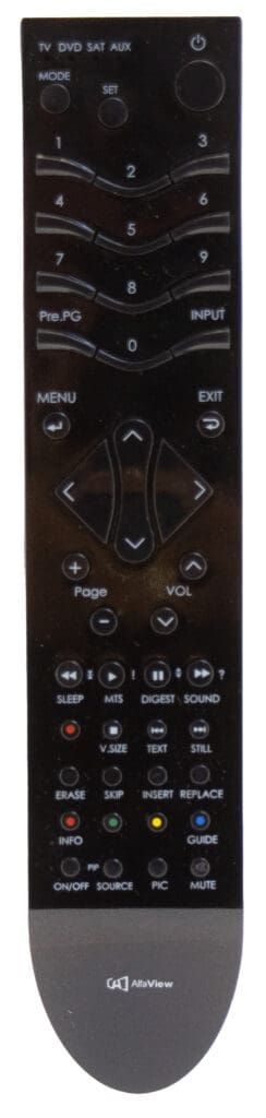 Black remote control with many buttons. A gray portion is at the bottom with a logo.