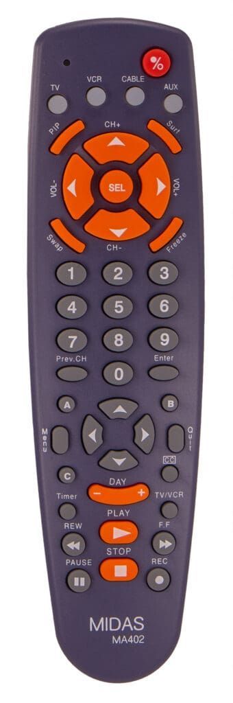 A purple and orange Midas remote control with many buttons.