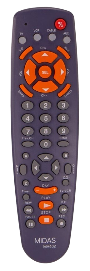 Purple Midas remote control with orange buttons.