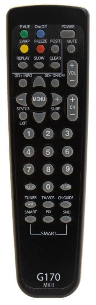 Black remote control with numbered buttons and function keys.