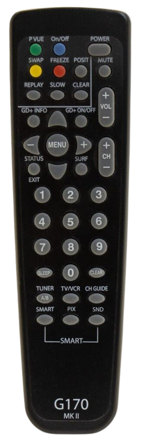 Black remote control with various buttons, including power, menu, volume, and number keys.