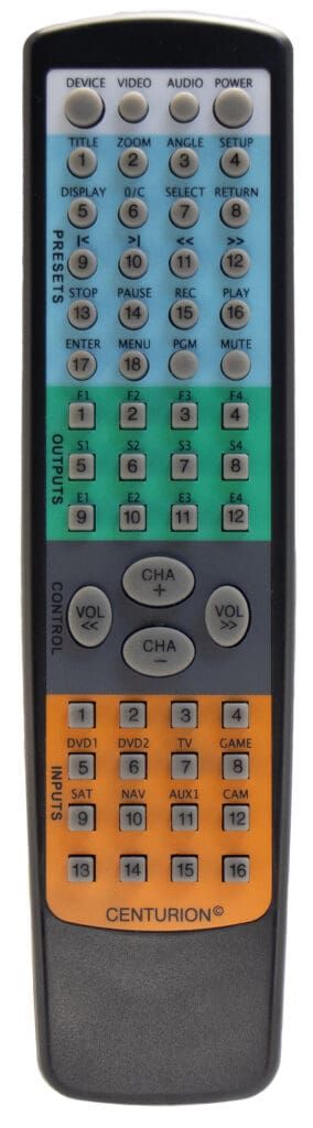 A black remote control with multi-colored sections of buttons.