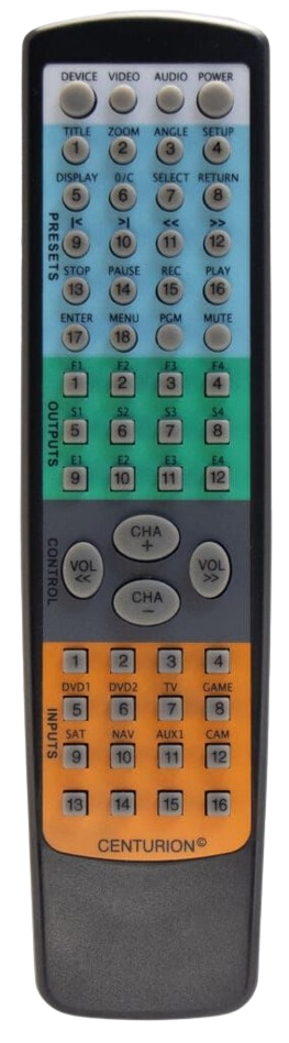 A black remote control with various colored button sections.