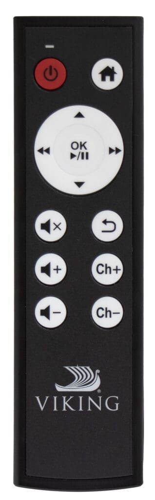 Black Viking remote control with various buttons, including power, home, volume, and channel controls.