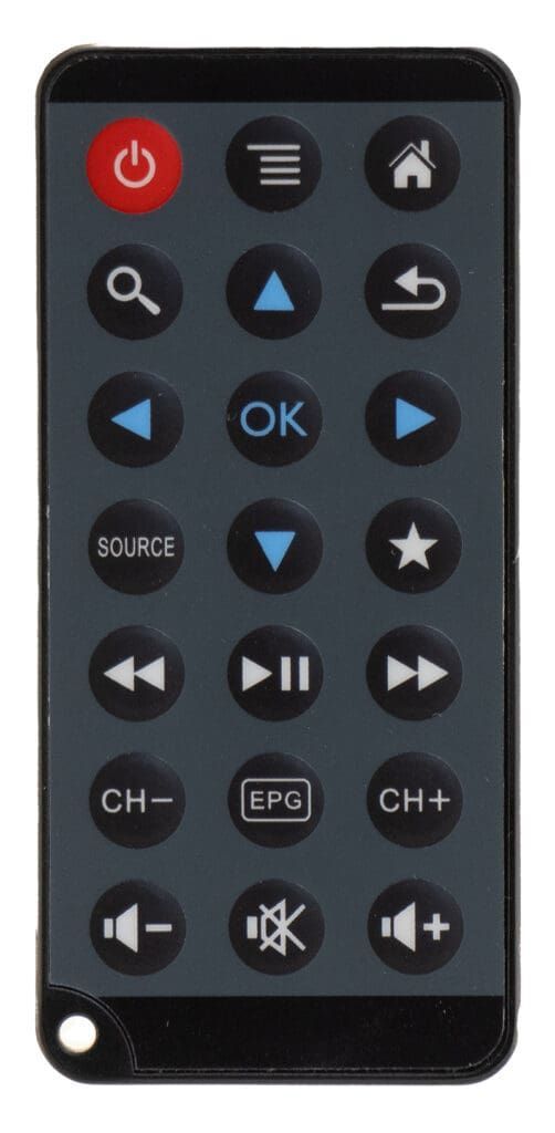 TV remote control with buttons for power, navigation, volume, and channel selection.