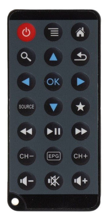 TV remote with multiple buttons in black and gray. Red power button, directional buttons, and volume control.
