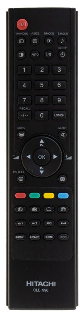 Black Hitachi TV remote with buttons: red power, numeric keys, navigation, and colored function keys.