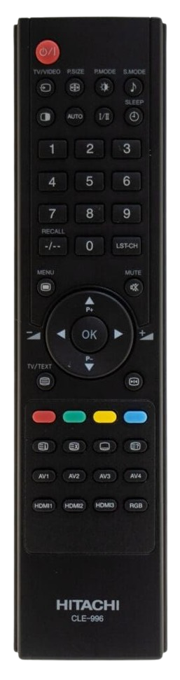 Black Hitachi TV remote with many buttons.