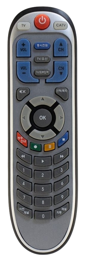 Remote control with various buttons, including power, volume, channel, and number keys.