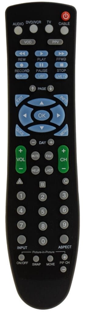 Black remote control with various buttons, including power, volume, and channel controls.