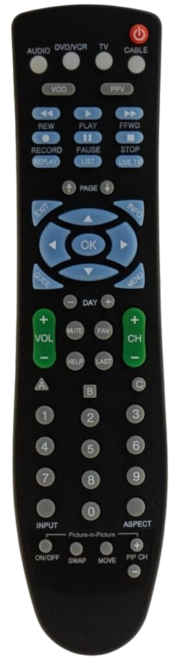 Black television remote with various buttons, including volume control and number pad.