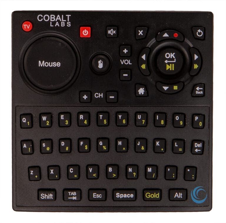 Black remote with keyboard, touchpad, and media control buttons. "Cobalt Labs" logo in top left.