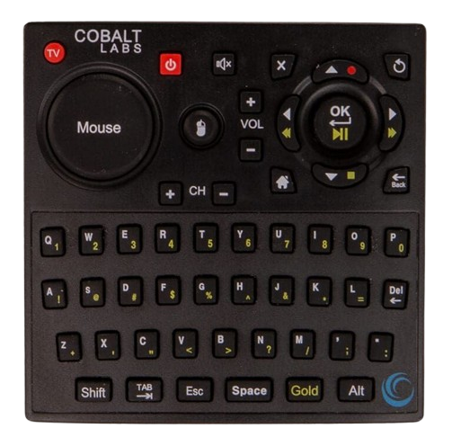 Black remote with a mouse pad, keyboard, and directional buttons.