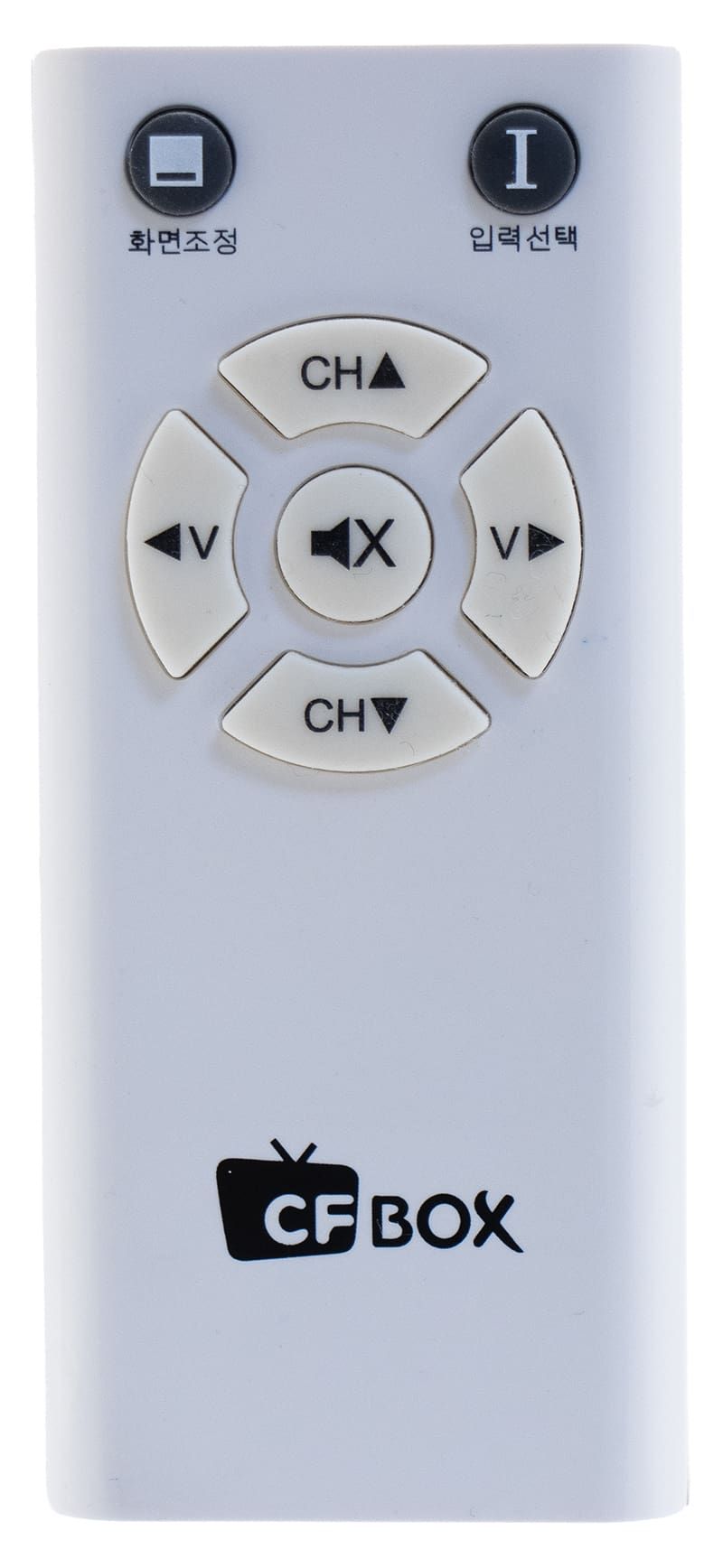 White remote control with buttons for channel, volume, and power labeled "CF BOX".
