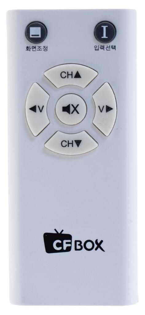 White CF Box TV remote with channel and volume controls.