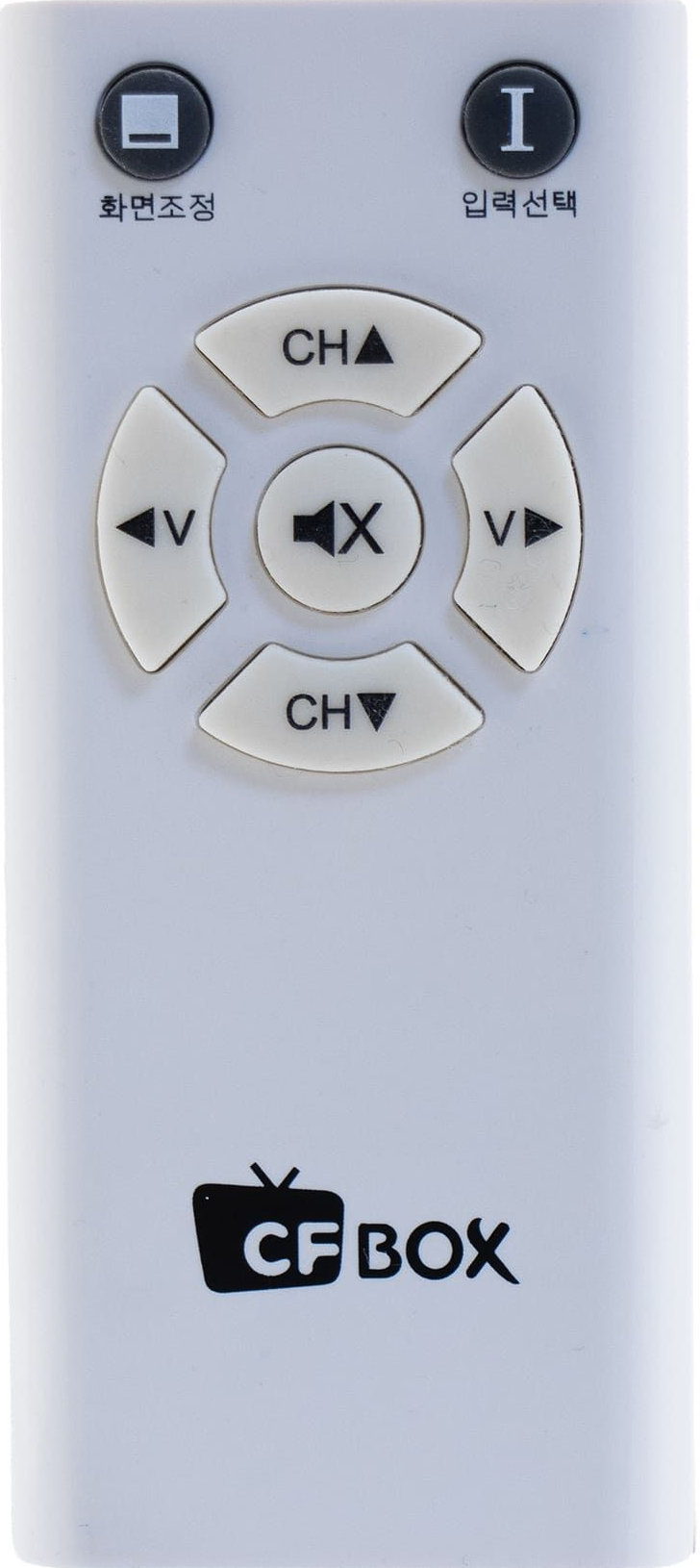 White remote control with button layout: channel up/down, volume up/down, mute, and other buttons. A CF BOX logo is present.