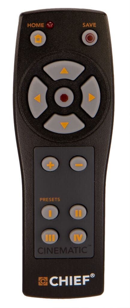 Black remote control with orange and gray buttons.