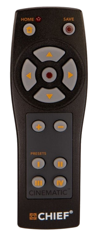 Black remote control with orange and gray buttons; branded with 