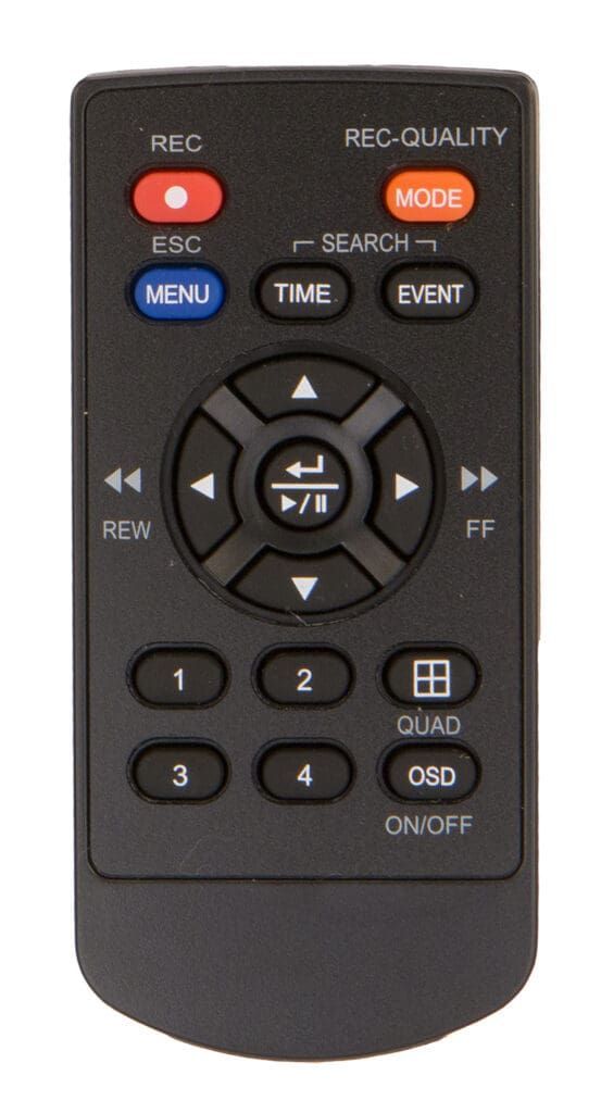 Black remote control with various labeled buttons for a security camera or similar device.