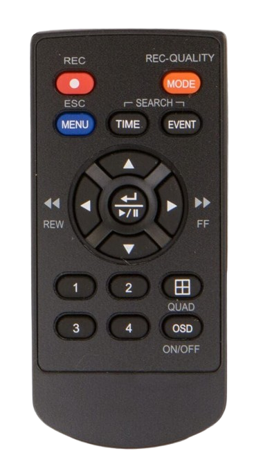 Black remote control with various buttons, including 
