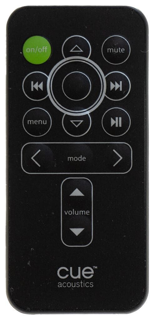 Black remote control with various buttons, including power, volume, and navigation for a Cue Acoustics device.
