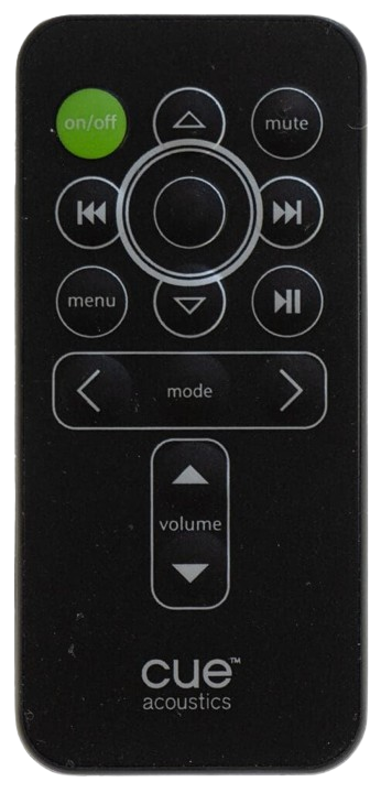 Black Cue acoustics remote control with green on/off button and white text.