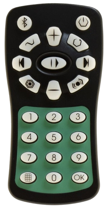 Black and green remote control with white buttons, including a keypad and various function keys.