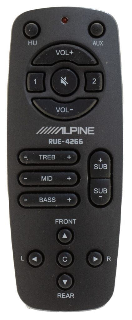 Black Alpine remote control with multiple buttons for audio control.