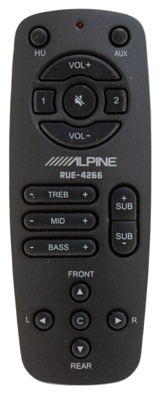 Alpine RUE-4266 remote control with buttons for volume, audio adjustments, and speaker control.