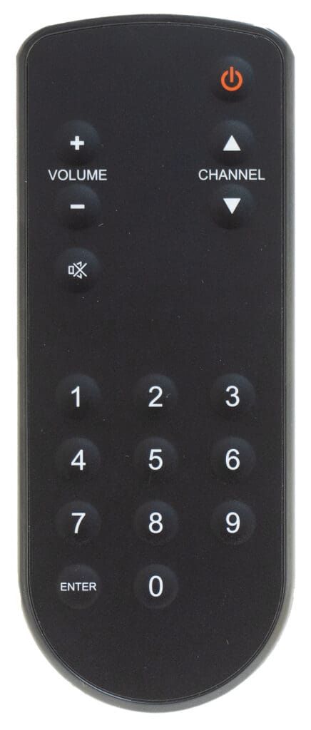 Black remote control with power, volume, channel, and number buttons.