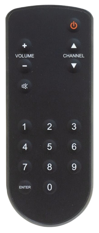 Black television remote control with power, volume, channel, and number buttons.