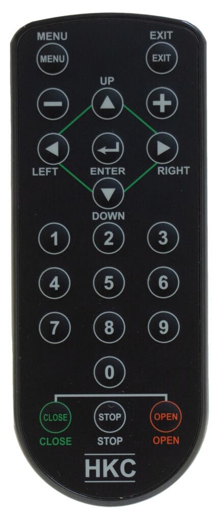 Black remote control with numbered buttons and function buttons for menu, exit, open, close, and directional controls.