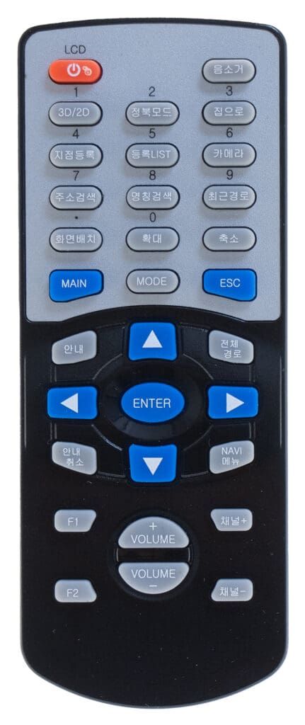 Black and silver TV remote control with blue and orange buttons.