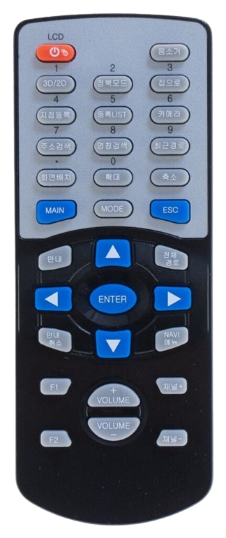 Remote control with buttons for various functions, including power, navigation, and volume control.