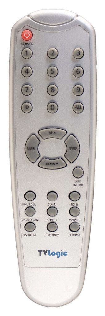 Silver TYLogic TV remote with buttons, including power, number pad, and directional controls.